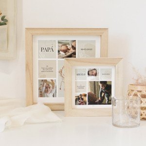 Lámina collage de fotos con texto personalizado, enmarcada en un cuadro de madera formato cuadrado