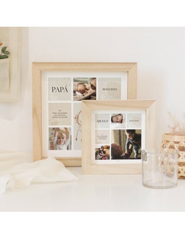 Lámina collage de fotos con texto personalizado, enmarcada en un cuadro de madera formato cuadrado