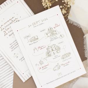 invitación de boda con ilustraciones personalizadas y un planning de todas las actividades del día