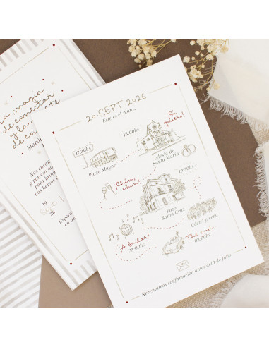 invitación de boda con ilustraciones personalizadas y un planning de todas las actividades del día