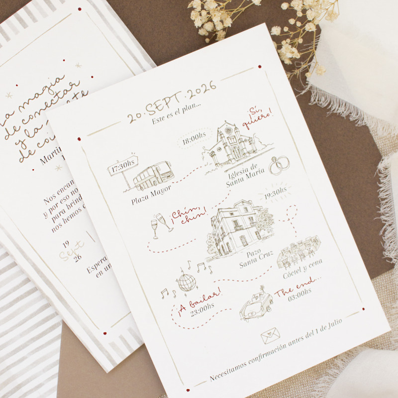 invitación de boda con ilustraciones personalizadas y un planning de todas las actividades del día