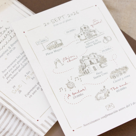 invitación de boda con ilustraciones personalizadas y un planning de todas las actividades del día.