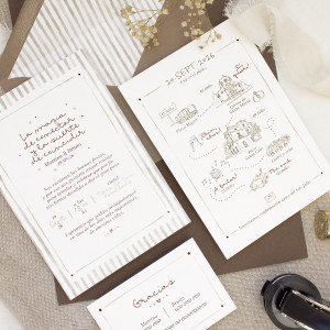 invitación de boda con ilustraciones personalizadas y un planning de todas las actividades del día 2