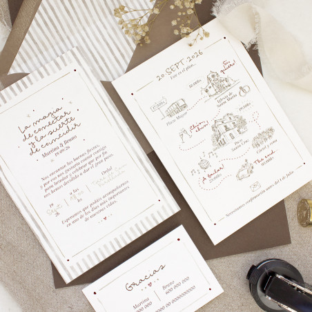 invitación de boda con ilustraciones, un planning, una targeta de conacto y un sello relieve para los sobres