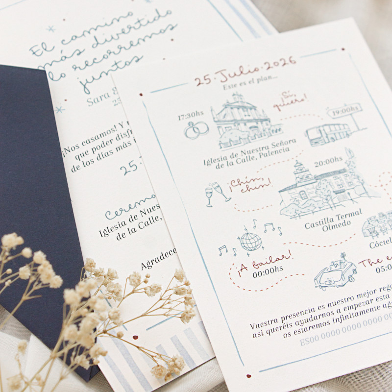 invitación de boda con ilustraciones personalizadas y un planning de todas las actividades del día