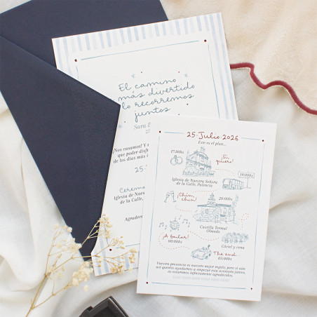 invitación de boda con ilustraciones personalizadas y un planning de todas las actividades del día