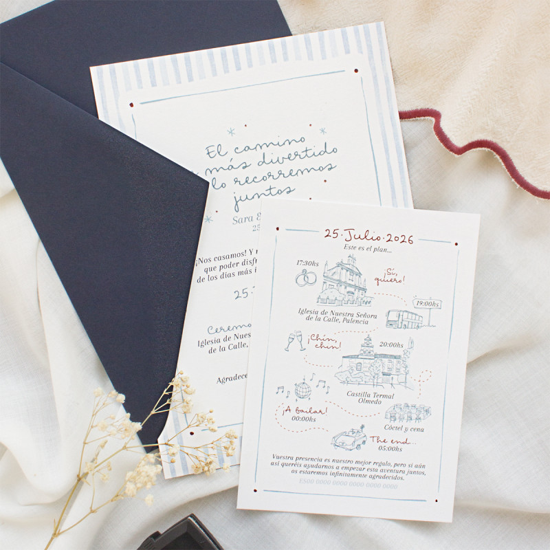invitación de boda con ilustraciones personalizadas y un planning de todas las actividades del día