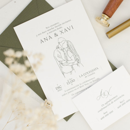 invitación de boda con una ilustración de los novios hecha a mano