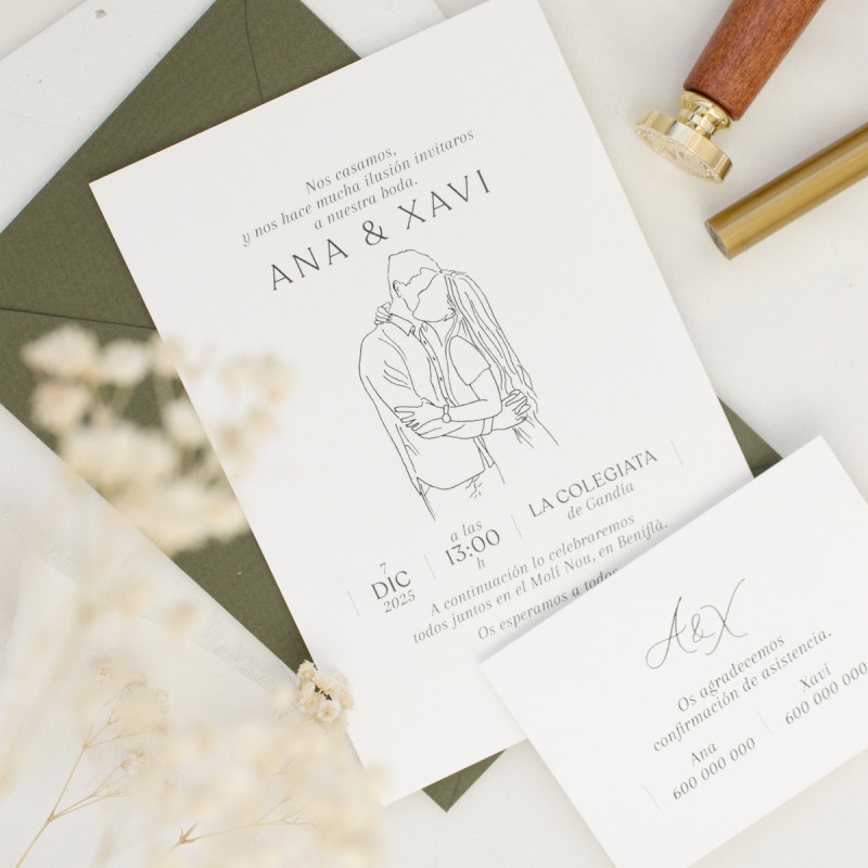 invitación de boda con una ilustración de los novios hecha a mano
