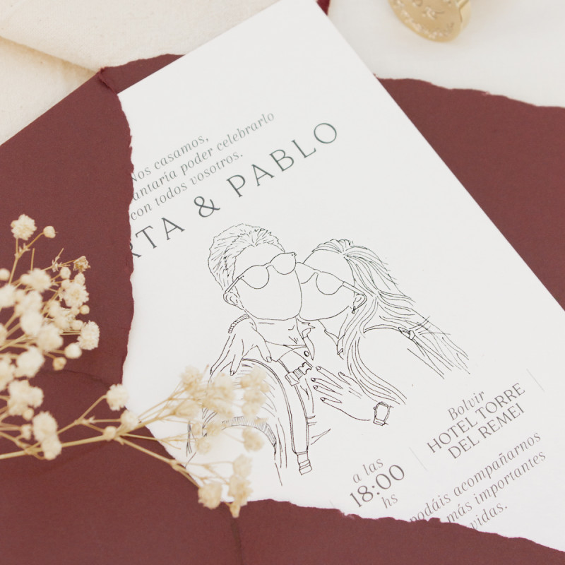invitación de boda con una ilustración de los novios hecha a mano