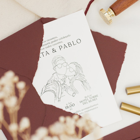 invitación de boda con una ilustración de los novios hecha a mano
