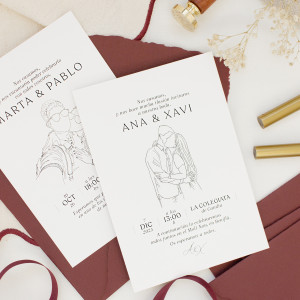 invitación de boda con una ilustración de los novios hecha a mano 2