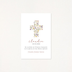 Recordatori de primera comunió amb una creu floral com a protagonista