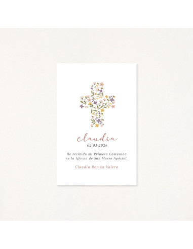 Recordatori de primera comunió amb una creu floral com a protagonista