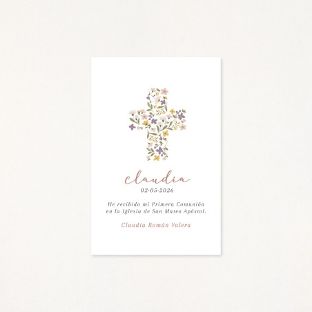 Recordatorio de primera comunión con una cruz floral como protagonista