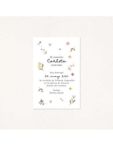 Recordatori de primera comunió amb un estampat de flors molt primaveral