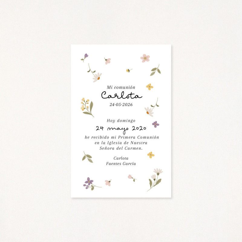 Recordatori de primera comunió amb un estampat de flors molt primaveral