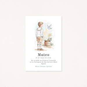 Recordatori de primera comunió amb una il·lustració en aquarel·la d'un nen i un colom