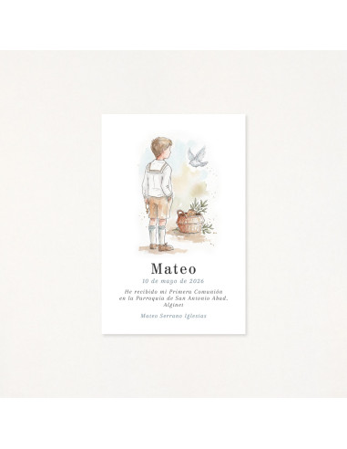 Recordatorio de primera comunión con una ilustración en acuarela de un niño y una paloma
