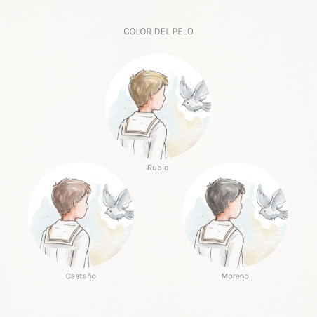 Colores de pelo disponibles para personalizar la ilustración en acuarela del niño de primera comunión