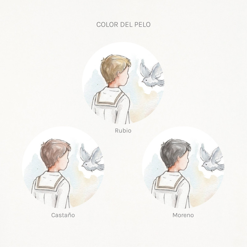 Colores de pelo disponibles para personalizar la ilustración en acuarela del niño de primera comunión