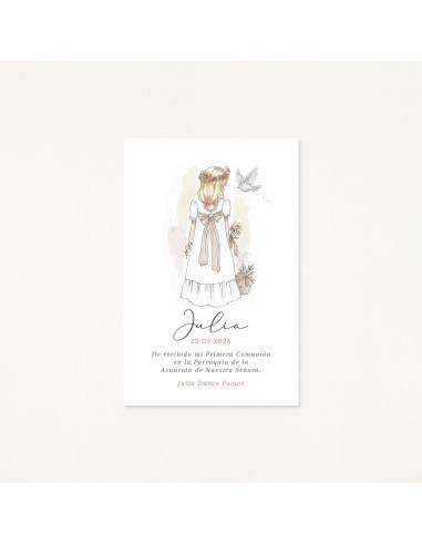 Recordatorio de primera comunión con una ilustración en acuarela de una niña y una paloma