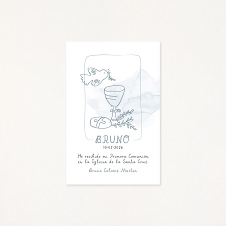 Recordatorio de primera comunión personalizado por un dibujo hecho por él/ella mism@, de una paloma y un cáliz, color azul