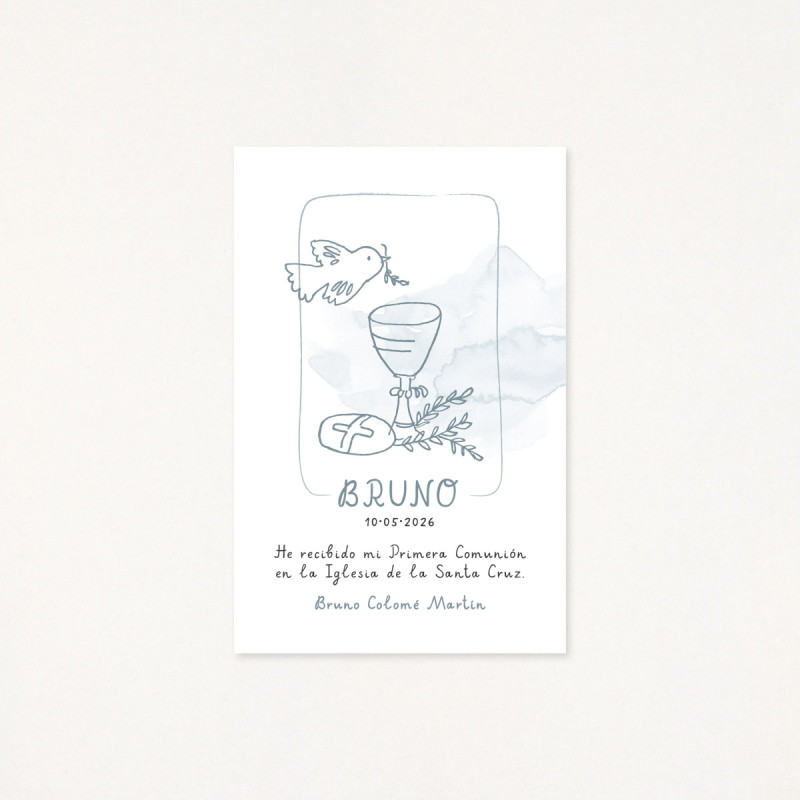 Recordatorio de primera comunión personalizado por un dibujo hecho por él/ella mism@, de una paloma y un cáliz, color azul