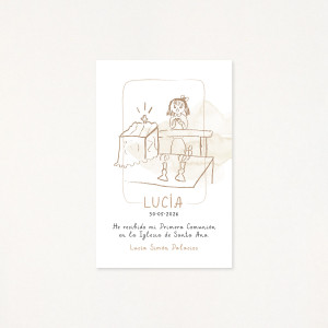 Recordatorio de primera comunión personalizado por un dibujo hecho por él/ella mism@, de una niña, color beige