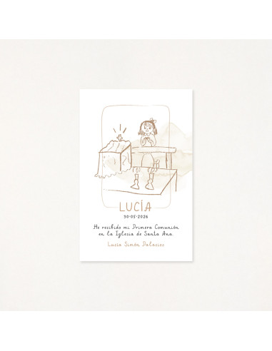 Recordatorio de primera comunión personalizado por un dibujo hecho por él/ella mism@, de una niña, color beige