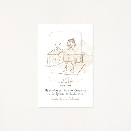 Recordatorio de primera comunión personalizado por un dibujo hecho por él/ella mism@, de una niña, color beige