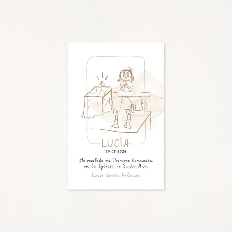 Recordatorio de primera comunión personalizado por un dibujo hecho por él/ella mism@, de una niña, color beige
