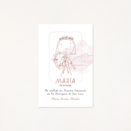 Recordatorio de primera comunión personalizado por un dibujo hecho por él/ella mism@, de una niña, color rosa