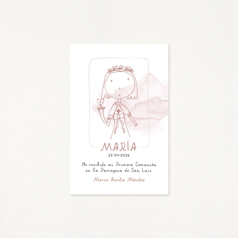 Recordatorio de primera comunión personalizado por un dibujo hecho por él/ella mism@, de una niña, color rosa