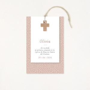 Recordatori de primera comunió premium, amb un estampat de puntets i una creu de fusta com a protagonista