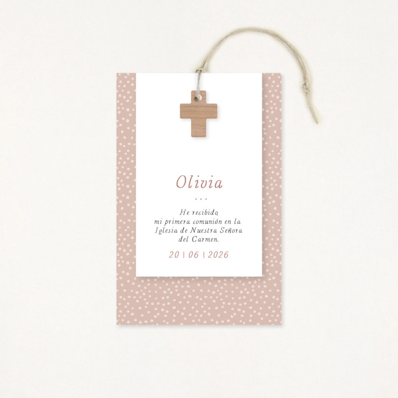 Recordatori de primera comunió premium, amb un estampat de puntets i una creu de fusta com a protagonista