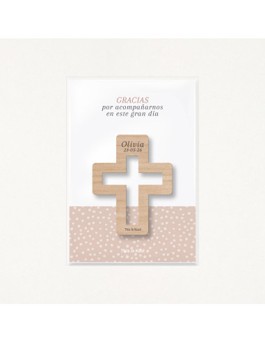 Packaging con bolsa transparente y soporte impreso con el mensaje "Gracias por acompañarnos en este gran día"