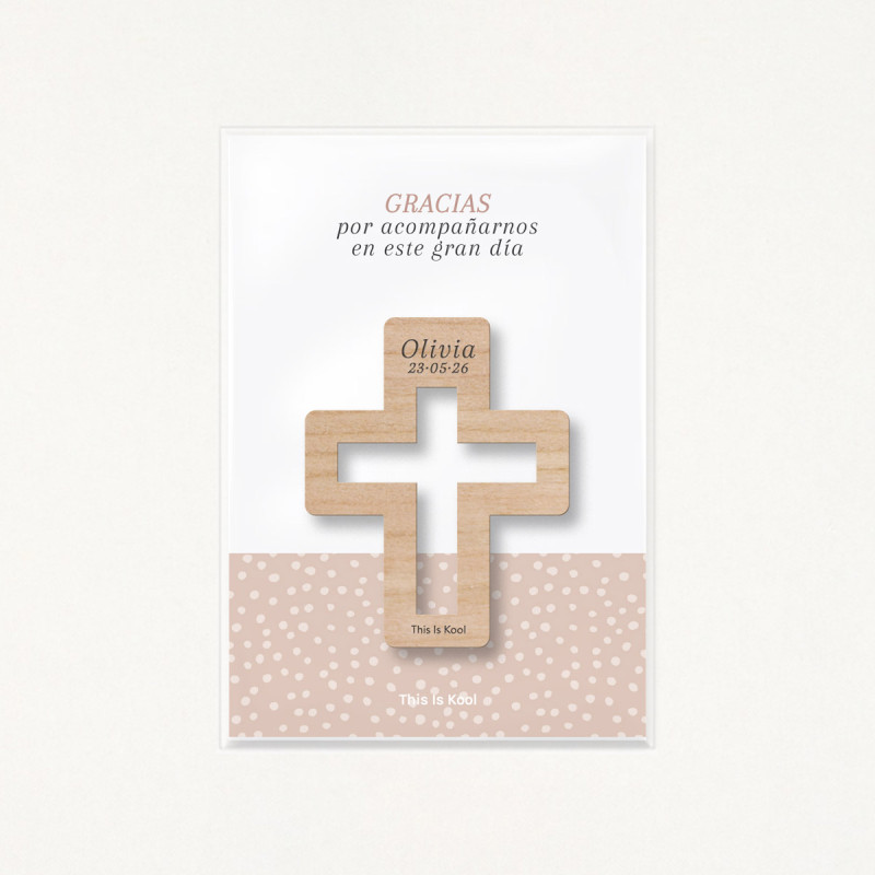 Packaging con bolsa transparente y soporte impreso con el mensaje "Gracias por acompañarnos en este gran día"