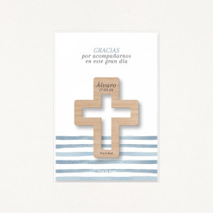 Packaging con bolsa transparente y soporte impreso con el mensaje "Gracias por acompañarnos en este gran día"