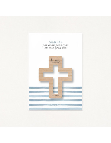 Packaging con bolsa transparente y soporte impreso con el mensaje "Gracias por acompañarnos en este gran día"