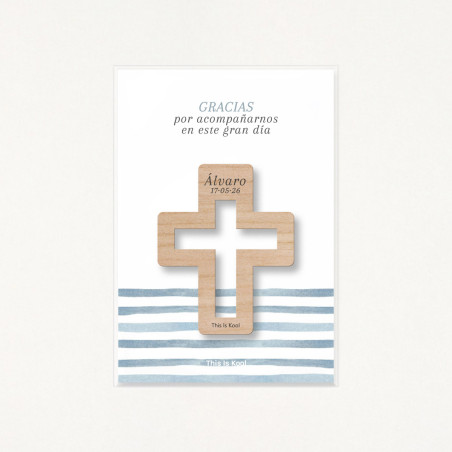 Packaging con bolsa transparente y soporte impreso con el mensaje "Gracias por acompañarnos en este gran día"