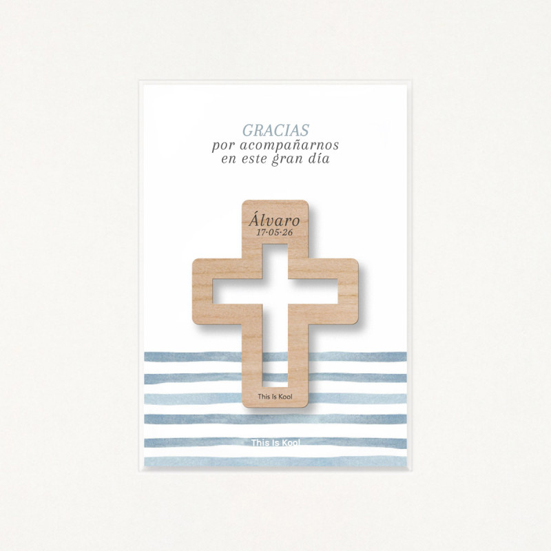 Packaging amb bossa transparent i suport imprès amb el missatge "Gràcies per acompanyar-nos en aquest gran dia"