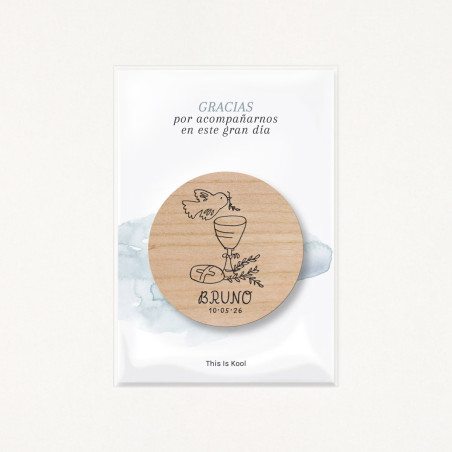 Packaging con bolsa transparente y soporte impreso con el mensaje "Gracias por acompañarnos en este gran día", color azul