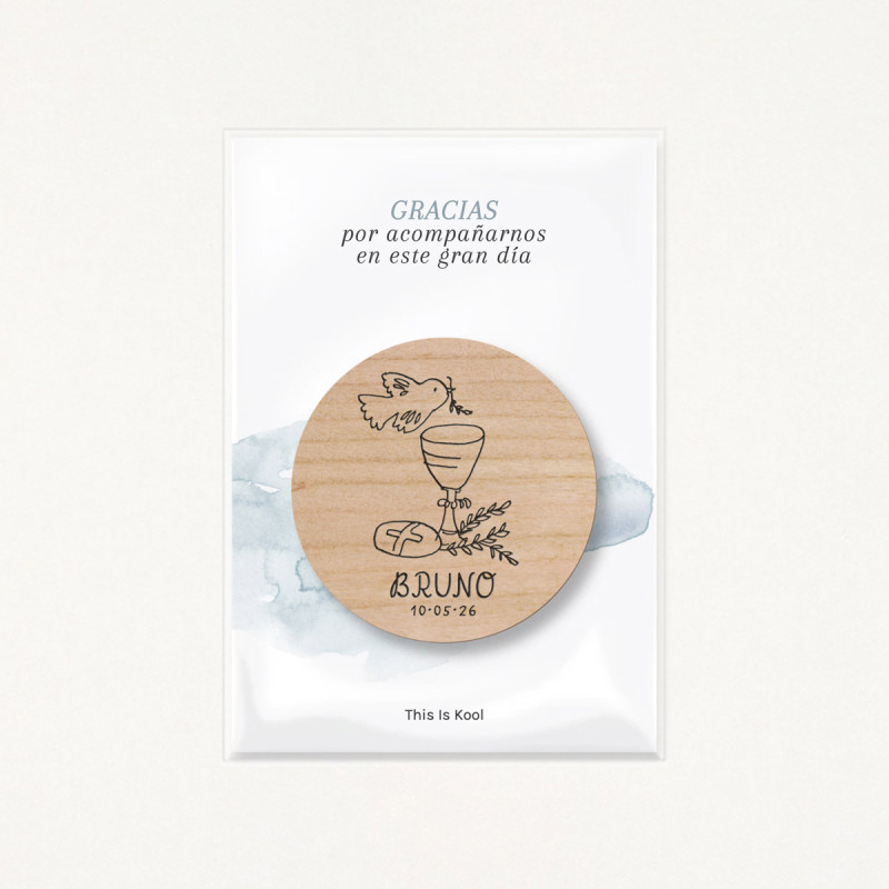 Packaging con bolsa transparente y soporte impreso con el mensaje "Gracias por acompañarnos en este gran día", color azul