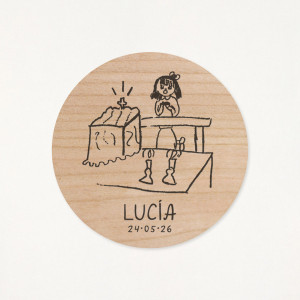Imán de madera circular, para primera comunión, personalizado con un dibujo hecho por él/ella mism@, de una niña