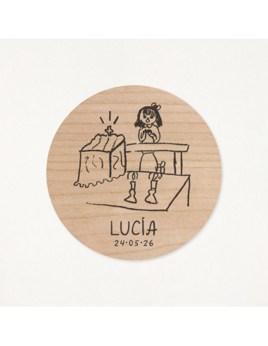 Imán de madera circular, para primera comunión, personalizado con un dibujo hecho por él/ella mism@, de una niña