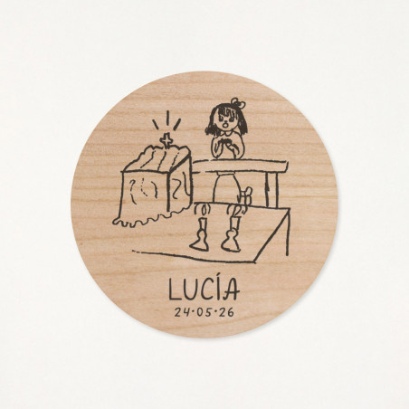 Imán de madera circular, para primera comunión, personalizado con un dibujo hecho por él/ella mism@, de una niña