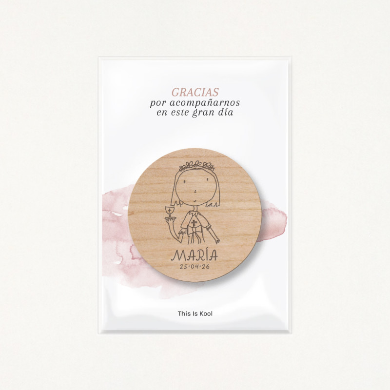 Packaging con bolsa transparente y soporte impreso con el mensaje "Gracias por acompañarnos en este gran día", color rosa