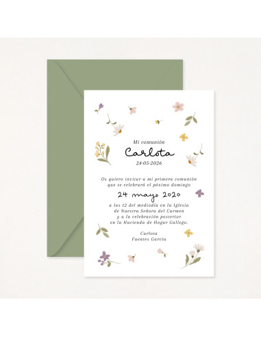 Invitación de comunión con sobre con un diseño dulce de un estampado con motivos florales LILLY