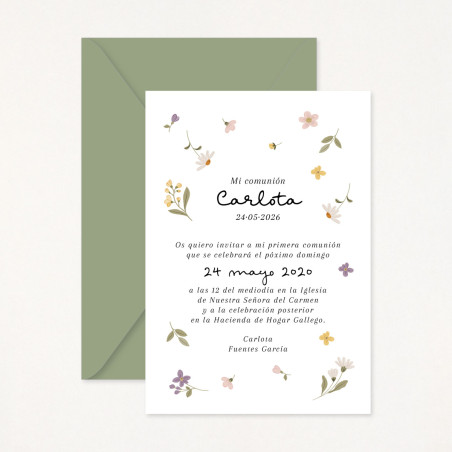 Invitació de comunió amb sobre amb disseny dolç estampat amb motius florals LILLY